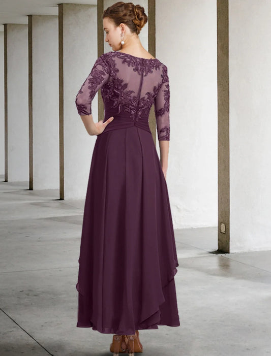 A-Line Mother of the Bride Dress Appliques Fall Wedding Guest Elegant Scoop Neck Ankle Length Chiffon Lace Sequin 3/4 Length Sleeve with Ruched