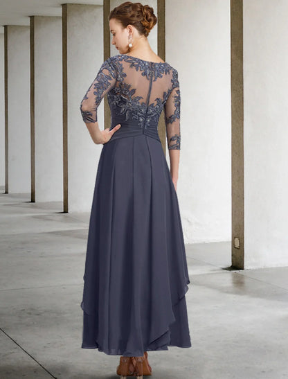 A-Line Mother of the Bride Dress Appliques Fall Wedding Guest Elegant Scoop Neck Ankle Length Chiffon Lace Sequin 3/4 Length Sleeve with Ruched