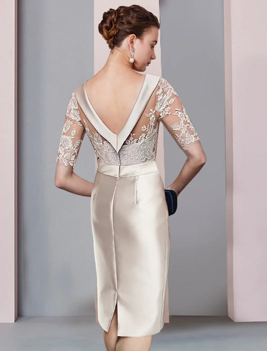 Sheath / Column Mother of the Bride Dress Wedding Guest Elegant Scoop Neck Knee Length Satin Lace Half Sleeve with Bow(s) Appliques