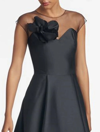 A-Line Wedding Guest Dresses Elegant Black Dress Wedding Guest Wedding Party Asymmetrical Sleeveless Jewel Neck Satin