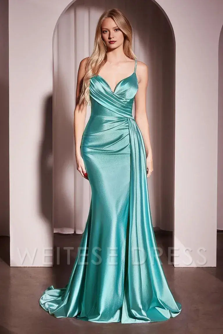 Dress Black Satin Spaghetti - Strap Evening Gown With Plunging Neckline Ruched Design And High Slit Capturing Timeless Sophistication Prom Dress