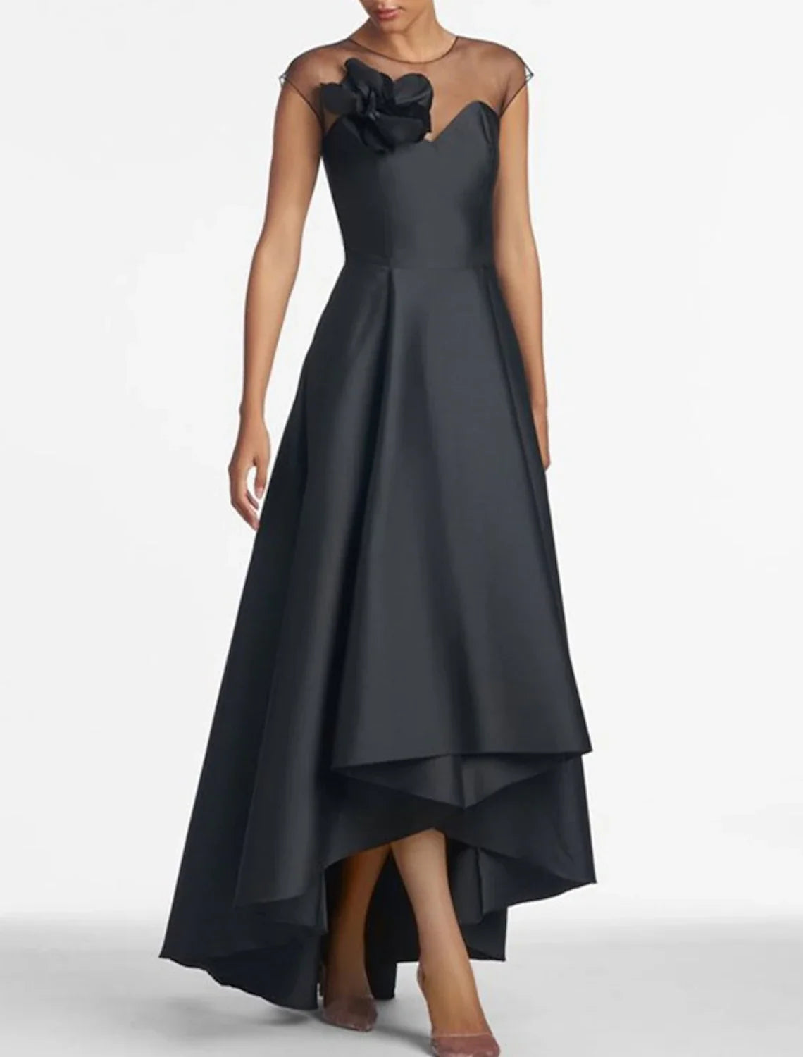 A-Line Wedding Guest Dresses Elegant Black Dress Wedding Guest Wedding Party Asymmetrical Sleeveless Jewel Neck Satin