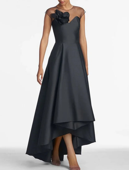 A-Line Wedding Guest Dresses Elegant Black Dress Wedding Guest Wedding Party Asymmetrical Sleeveless Jewel Neck Satin