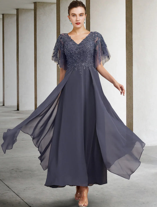 A-Line Curve Mother of the Bride Dress Elegant Jewel Neck Ankle Length Chiffon Lace Short Sleeve