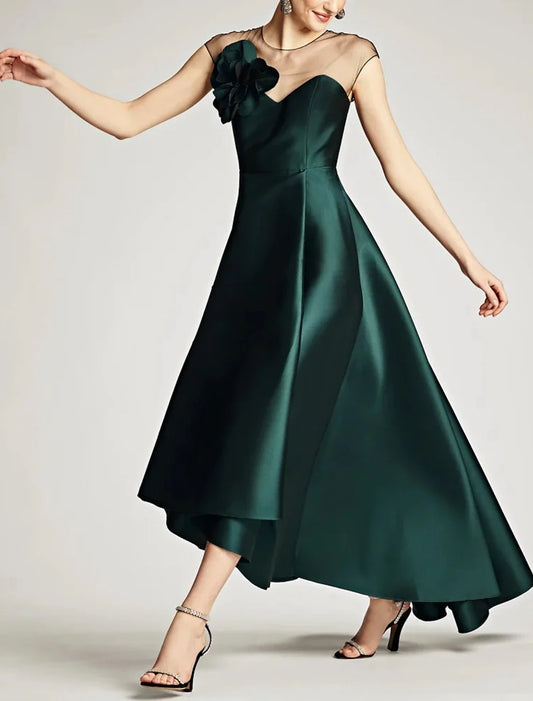 A-Line Wedding Guest Dresses Elegant Black Dress Wedding Guest Wedding Party Asymmetrical Sleeveless Jewel Neck Satin