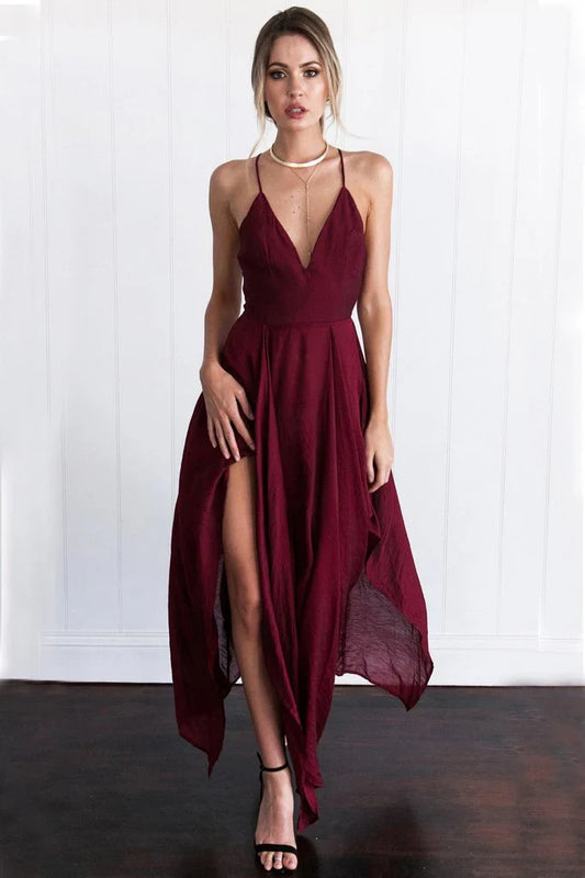Prom Dresses Stores Chiffon Spaghetti Straps V Neck Cross Back Burgundy Assymetrical Hem Long Prom Evening Dress Formal Women's Dresses