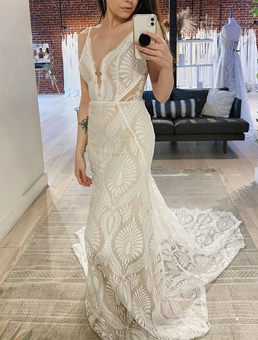 Beach Vintage Open Back Wedding Dresses Mermaid / Trumpet Camisole V Neck Sleeveless Sweep / Brush Train Chiffon Bridal Gowns