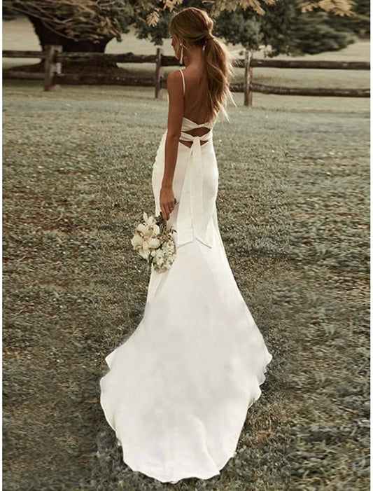 White Satin Mermaid Cowl‑Neck Spaghetti‑Strap Tie‑Back Slit Sweep‑Train Wedding Dress For Garden