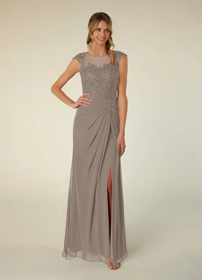 Dress Black A-Line Scoop Neck Sequins Chiffon Mother of the Groom Dresses Elegant Illusion Cap Sleeves Leg Slit Evening Dress