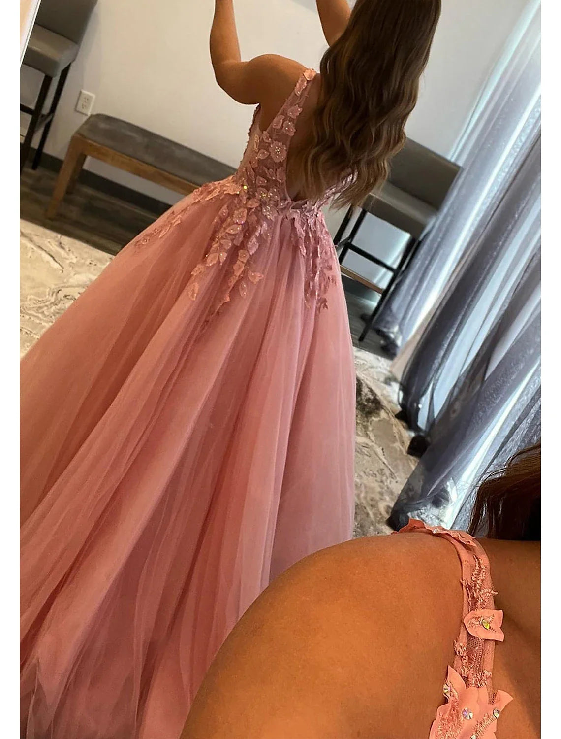 A-Line Prom Dresses Open Back Dress Formal Wedding Guest Floor Length Sleeveless V Neck Tulle Backless