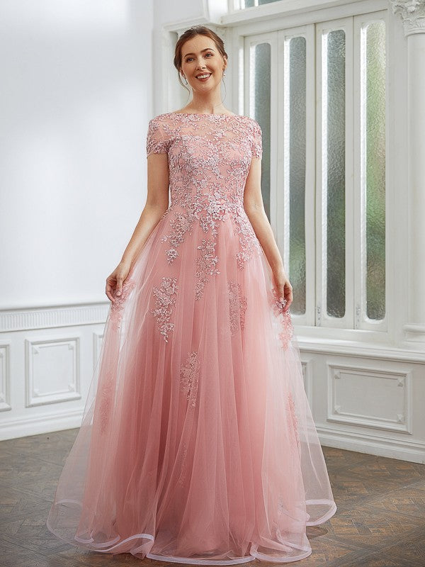 Tulle Applique Bateau Short Sleeves Floor-Length Dresses