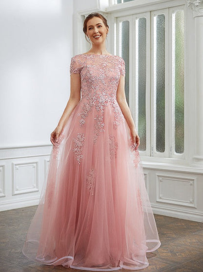 Tulle Applique Bateau Short Sleeves Floor-Length Dresses