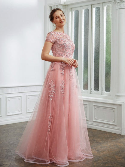 Tulle Applique Bateau Short Sleeves Floor-Length Dresses