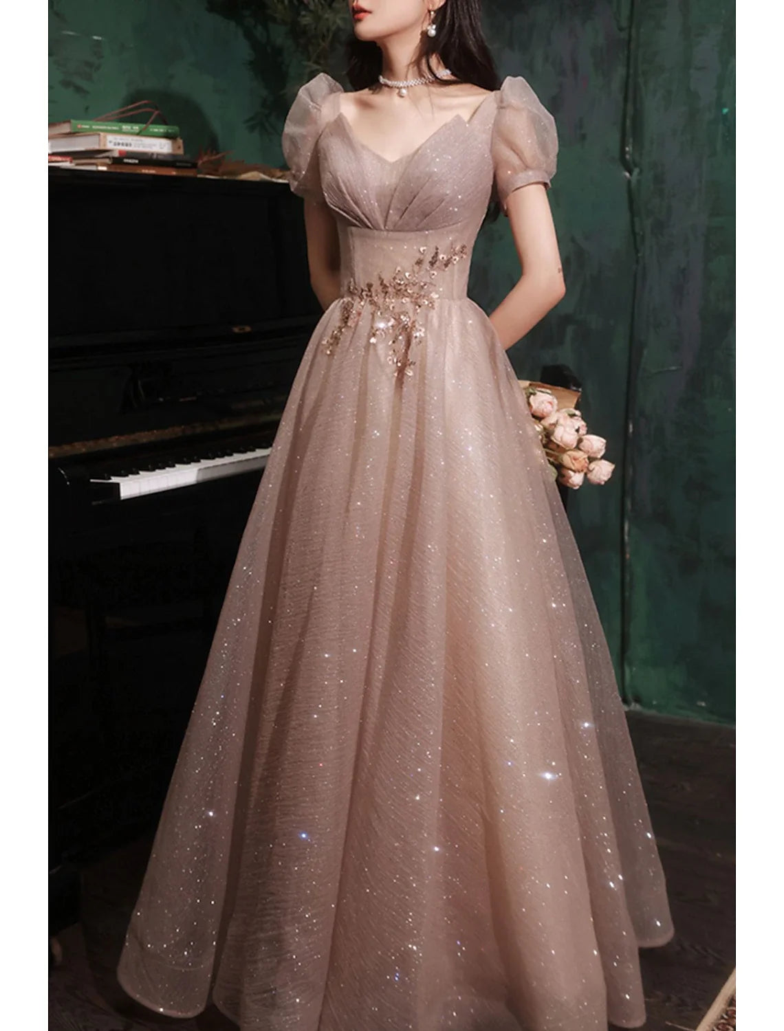 A-Line Prom Party Dress Sparkle & Shine Dress Prom Valentine‘s Day Floor Length Short Sleeve V Neck Tulle
