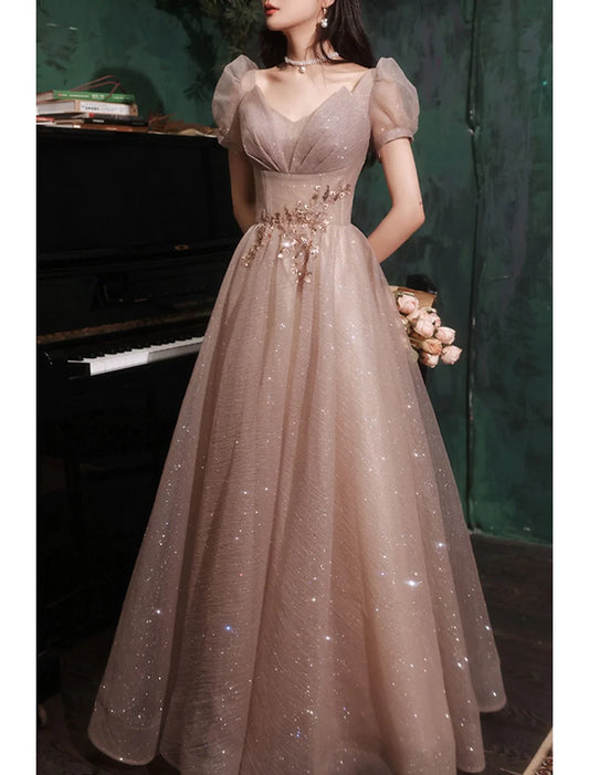 A-Line Prom Party Dress Sparkle & Shine Dress Prom Valentine‘s Day Floor Length Short Sleeve V Neck Tulle