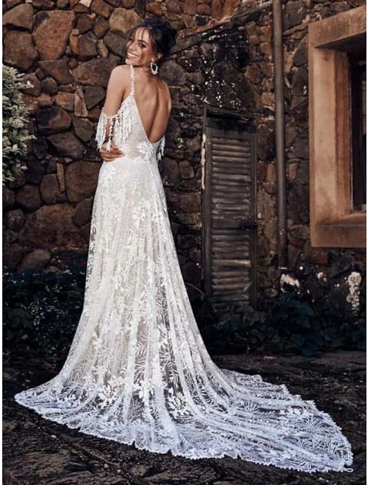 Boho Lace A‑Line Deep‑V Fringe Cold‑Shoulder Open‑Back Chapel‑Train Wedding Dress For Garden