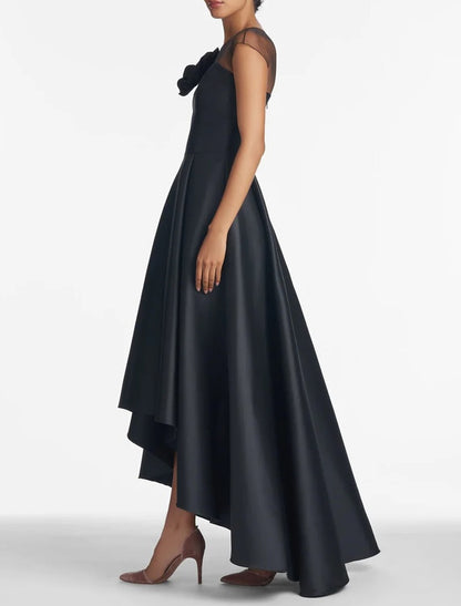 A-Line Wedding Guest Dresses Elegant Black Dress Wedding Guest Wedding Party Asymmetrical Sleeveless Jewel Neck Satin