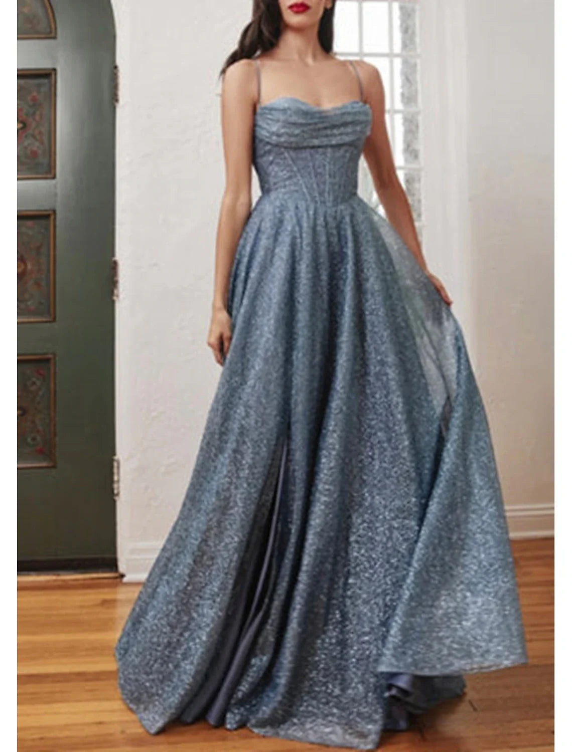 A-Line Prom Dresses Glittering Dress Formal Evening Party Sweep / Brush Train Sleeveless Cowl Neck Tulle