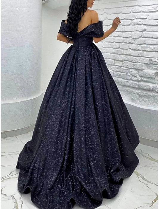A-Line Prom Dresses Elegant Dress Black Tie Gala Sweep / Brush Train Short Sleeve Off Shoulder Sequined