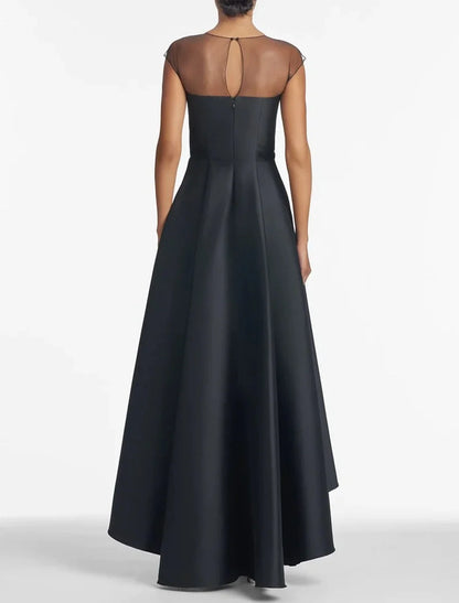 A-Line Wedding Guest Dresses Elegant Black Dress Wedding Guest Wedding Party Asymmetrical Sleeveless Jewel Neck Satin