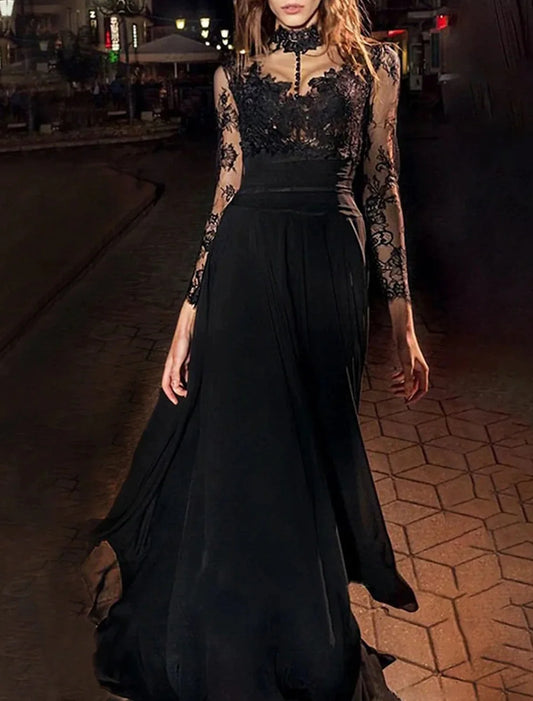 A-Line Evening Gown Vintage Dress Masquerade Floor Length Long Sleeve High Neck Black Dress Chiffon