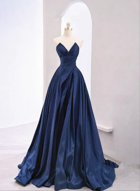 A-line Navy Blue Tulle Long Prom Dress