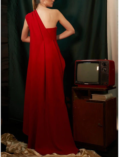 Sheath Evening Gown Red Green Dress Elegant Dress Formal Sweep / Brush Train Sleeveless One Shoulder Stretch Chiffon