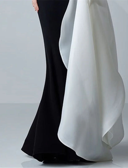 Mermaid / Trumpet Evening Gown Color Block Dress Formal Wedding Guest Floor Length Long Sleeve Jewel Neck Satin
