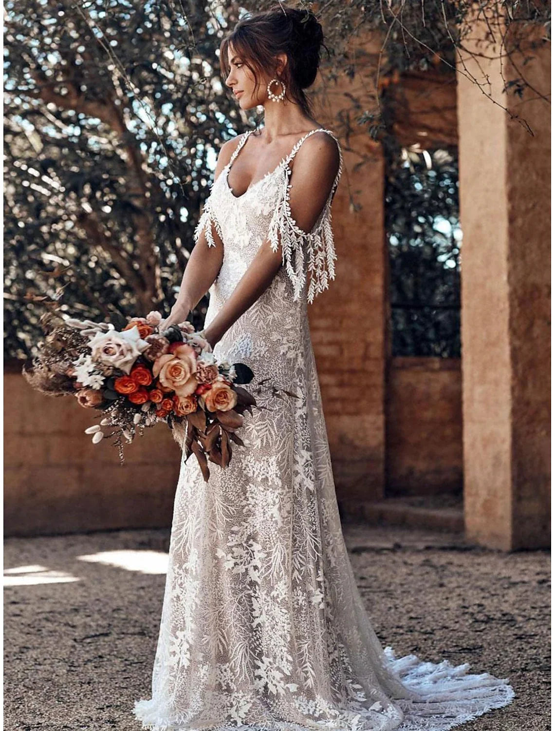 Boho Lace A‑Line Deep‑V Fringe Cold‑Shoulder Open‑Back Chapel‑Train Wedding Dress For Garden