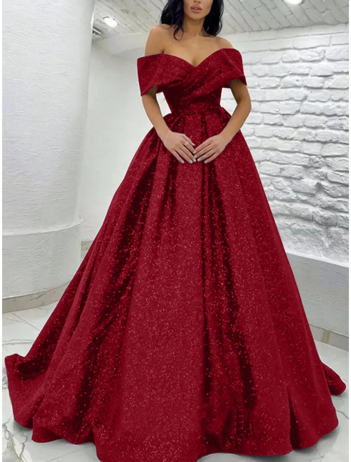 A-Line Prom Dresses Elegant Dress Black Tie Gala Sweep / Brush Train Short Sleeve Off Shoulder Sequined