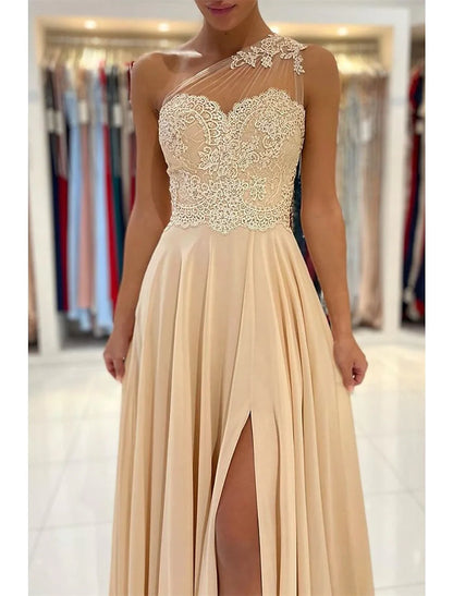 A-Line Evening Dresses Sexy Dress Formal Wedding Guest Court Train Sleeveless One Shoulder Chiffon