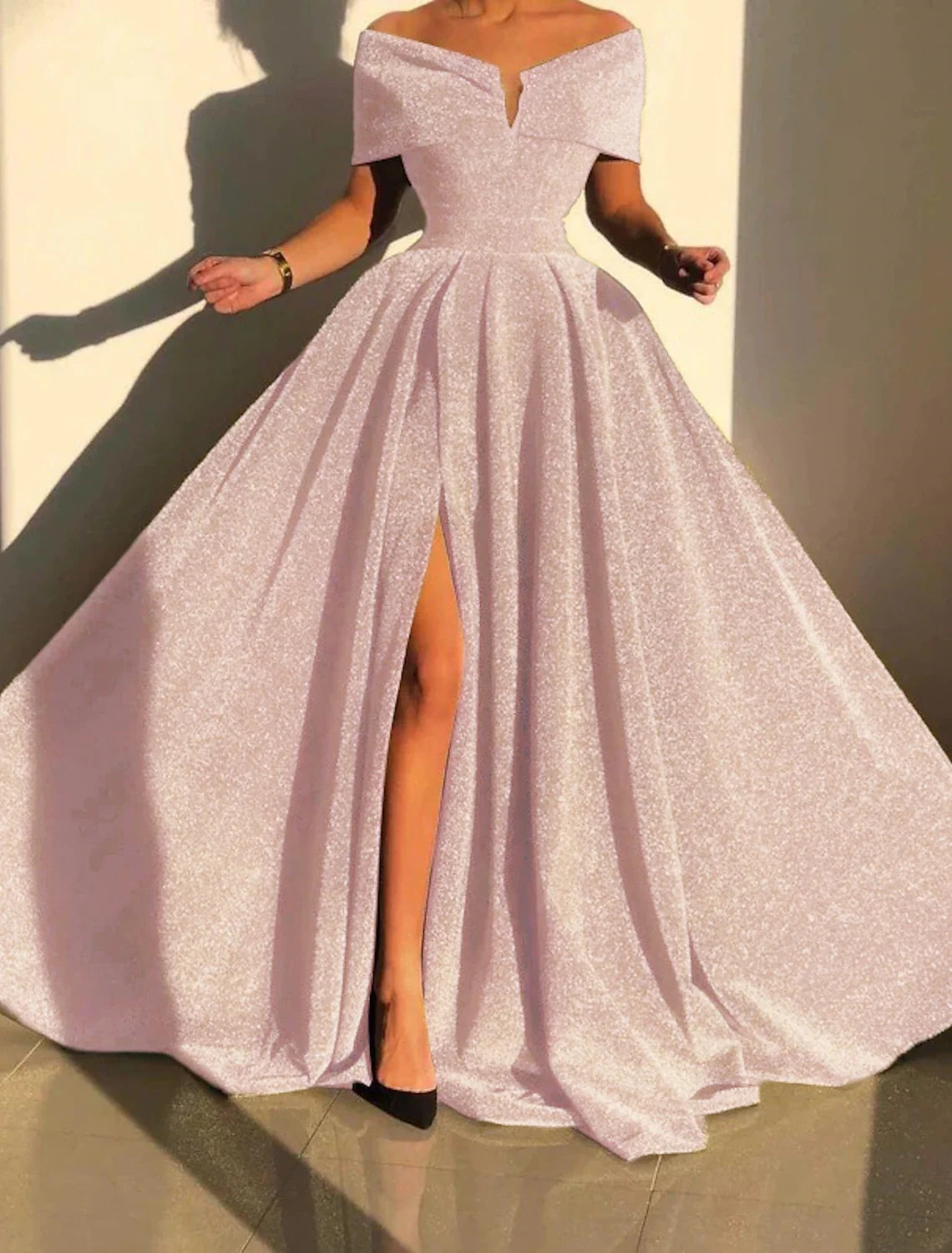 A-Line Evening Gown Sparkle & Shine Dress Formal Fall Court Train Sleeveless Off Shoulder Sequined