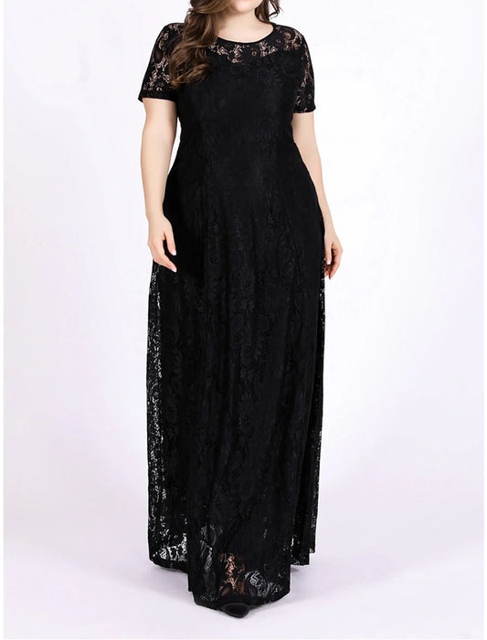 Women's Plus Size Black Dress Prom Dress Party Dress Long Dress Maxi Dress Black White Short Sleeve Plain Lace Summer Spring Fall Crew Neck Elegant Wedding Guest Birthday Evening Party