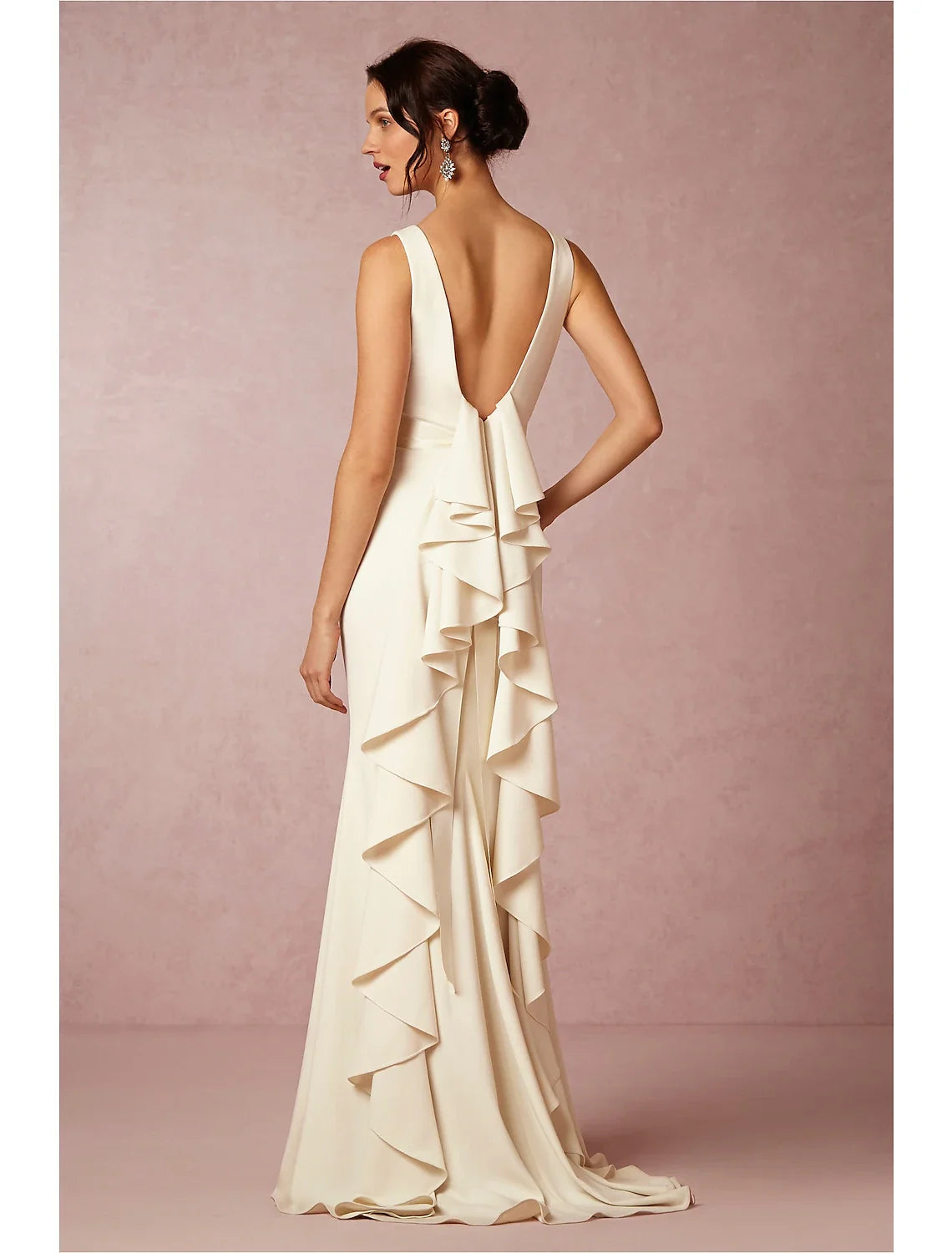 Hall Open Back Simple Wedding Dresses Sheath / Column Scoop Neck Sleeveless Sweep / Brush Train Stretch Fabric Bridal Gowns With Draping Summer Wedding Party