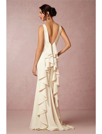 Hall Open Back Simple Wedding Dresses Sheath / Column Scoop Neck Sleeveless Sweep / Brush Train Stretch Fabric Bridal Gowns With Draping Summer Wedding Party