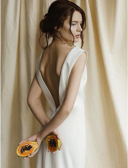 Reception Open Back Simple Wedding Dresses Sheath / Column Scoop Neck Sleeveless Sweep / Brush Train Satin Bridal Gowns With Solid Color Summer Wedding Party