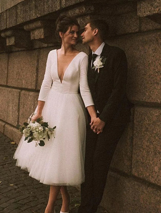 Bridal Shower Vintage Simple Wedding Dresses Wedding Dresses A-Line Sweetheart Camisole Spaghetti Strap Ankle Length Tulle Bridal Gowns With Bow(s)