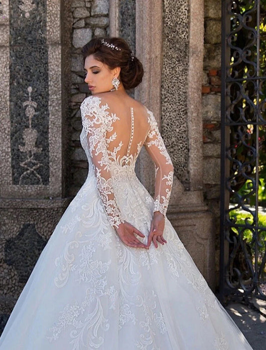Engagement Formal Wedding Dresses Ball Gown Illusion Neck Long Sleeve Court Train Lace Bridal Gowns With Lace Appliques
