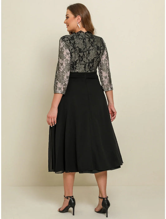 Women‘s Black Dress Prom Dress Black Lace Dress Plus Size Curve Party Dress Swing Dress Floral Long Dress Maxi Dress 3/4 Length Sleeve Patchwork V Neck Wedding Guest Dress