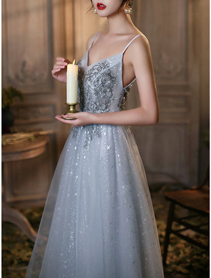 A-Line Prom Dresses Elegant Dress Wedding Guest Prom Floor Length Sleeveless Spaghetti Strap Tulle with Pleats Beading