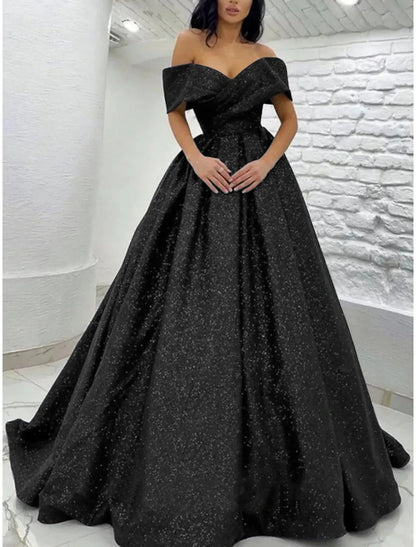 A-Line Prom Dresses Elegant Dress Black Tie Gala Sweep / Brush Train Short Sleeve Off Shoulder Sequined