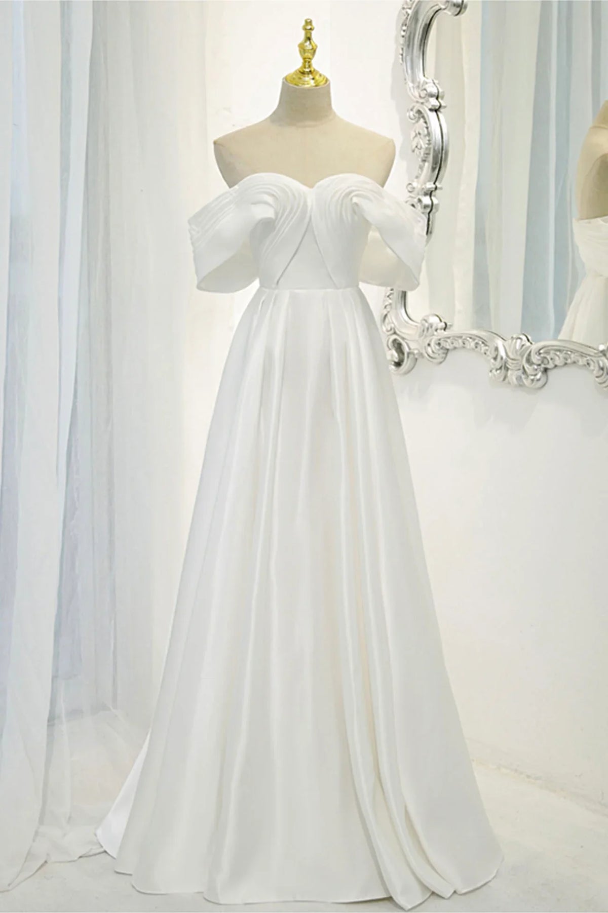Off the Shoulder White Satin Long Prom Dress