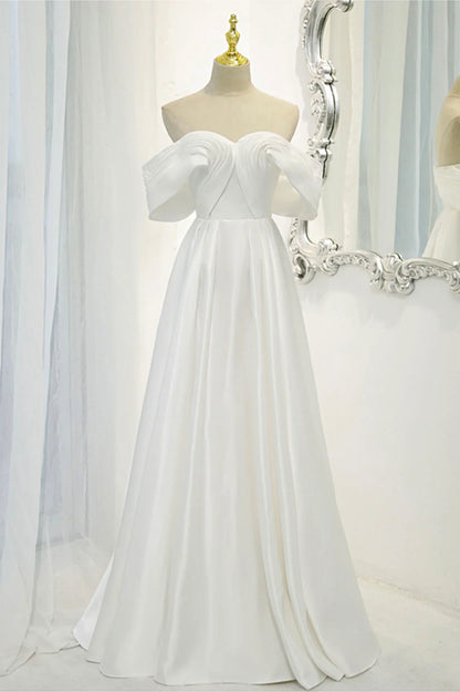 Off the Shoulder White Satin Long Prom Dress