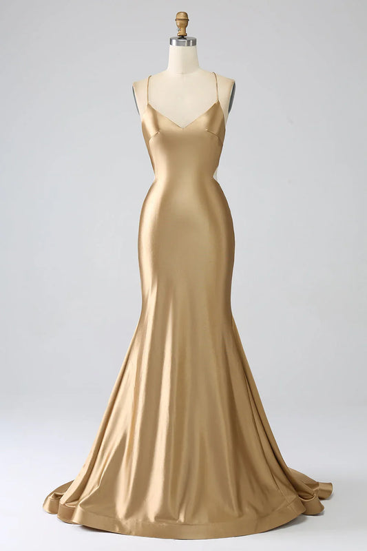 Mermaid Spaghetti Straps Satin Long Prom Dress With Lace-Up Back
