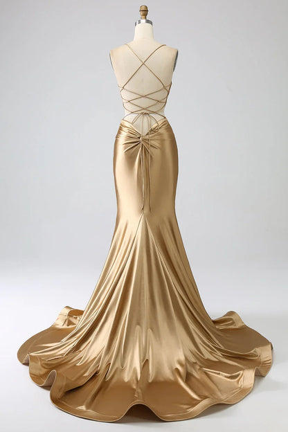 Mermaid Spaghetti Straps Satin Long Prom Dress With Lace-Up Back