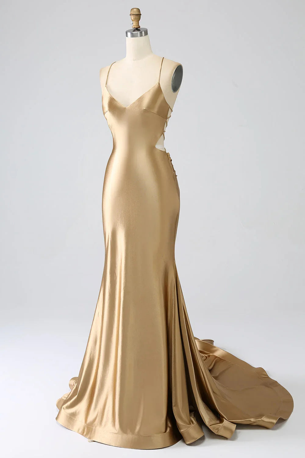 Mermaid Spaghetti Straps Satin Long Prom Dress With Lace-Up Back