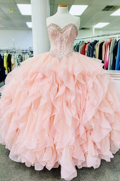 Pink Lace Beaded Long A-Line Ball Gown With Prom Dresses