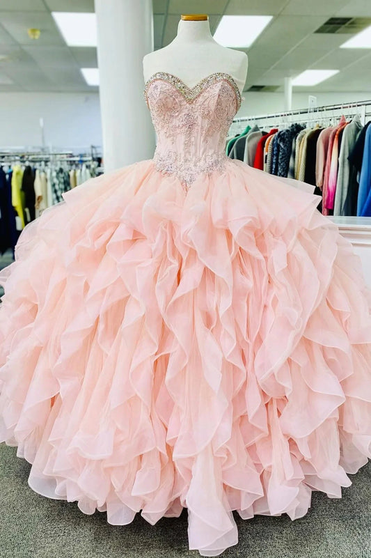 Pink Lace Beaded Long A-Line Ball Gown With Prom Dresses