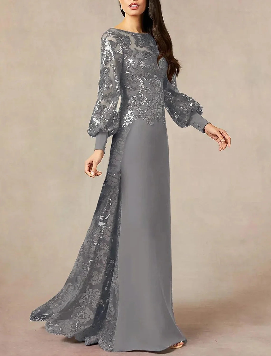 A-Line Mother of the Bride Dress Formal Wedding Guest Elegant Jewel Neck Floor Length Chiffon Sequined Long Sleeve