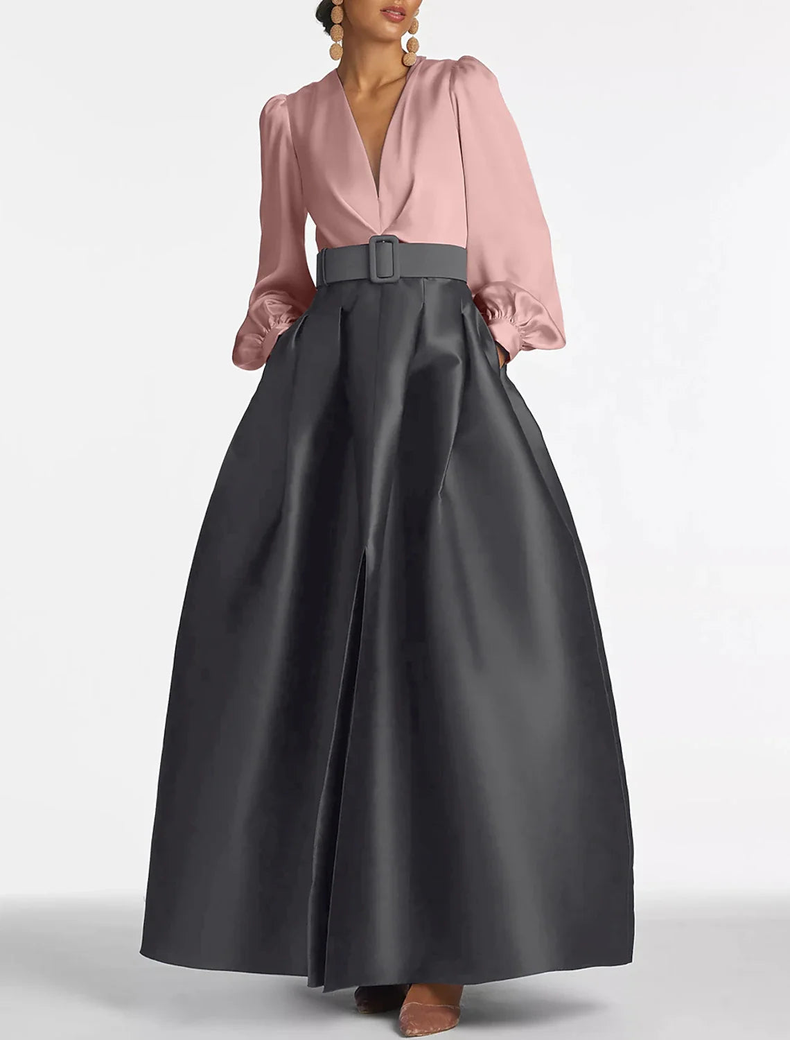 A-Line Satin Green Dress Formal Wedding Guest Dress Elegant Evening Gown High Split Pocket Long Sleeve Floor Length Color Block V Neck Belt